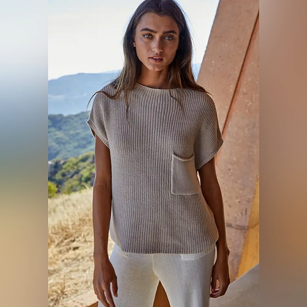 NWT Free People Beach Freya Boxy Cap Pocket Ribbed Sweater in Oatmeal Sz Large
